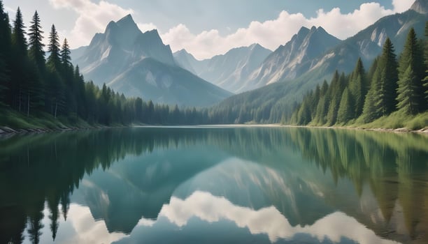Tranquil lake with mountains and evergreen forests reflecting in calm water photo