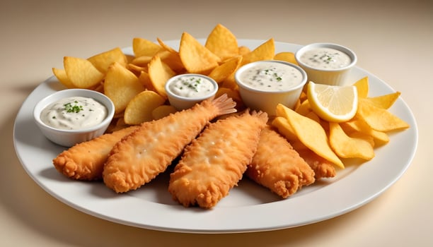 Delicious fish and chips with a crispy coating, tartar sauce, and lemon wedges photo