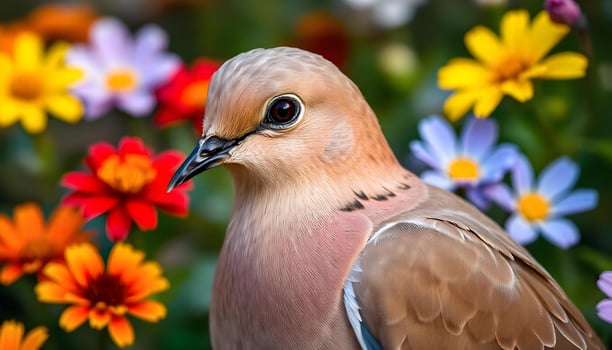 Close up of a mourning dove, soft brown plumage, curved beak, surrounded by vibrant garden flowers photo