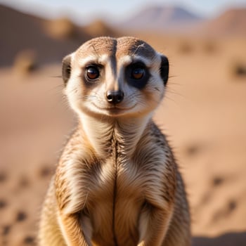 Focused female meerkat standing upright, her watchful eyes framed by a soft desert blur photo