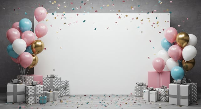 Festive Celebration Background with Balloons, Gifts, and Confetti with Copy Space photo