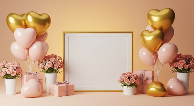 Mockup Frame with Heart Balloons, Roses, and Gifts for Special Occasion photo