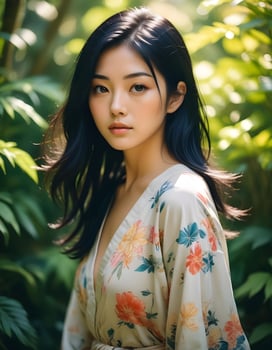 Charming Japanese girl with radiant smile, surrounded by the beauty of a garden photo