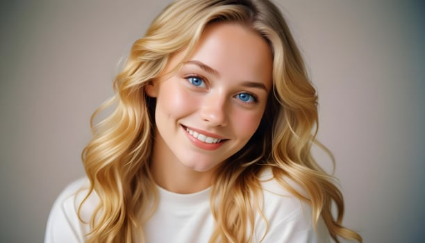 Stylish Swedish girl with wavy blonde hair and a confident smile posing in soft natural lighting photo
