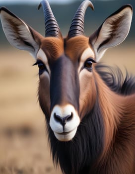 Focused shot of a female sable antelopes face, emphasizing her dark fur and expressive eyes photo