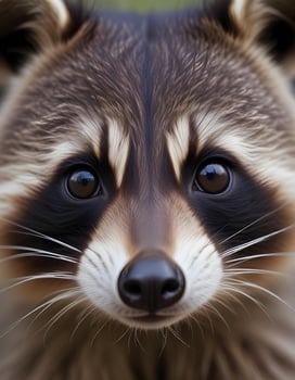 Portrait of a raccoon, highlighting his sharp facial features, distinctive black mask markings, and curious expression, with a softly blurred woodland setting photo