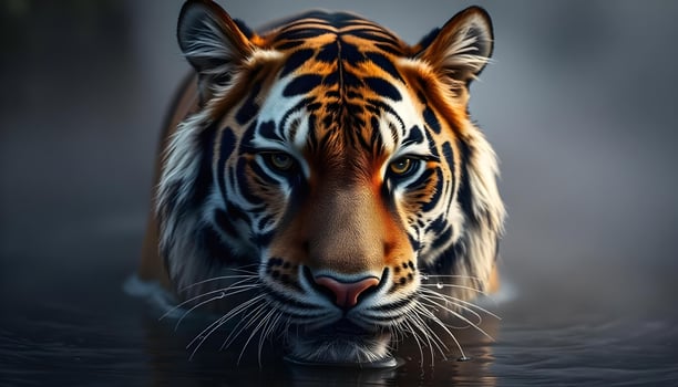 Siberian Tigers face in close up, with droplets of water on its fur, as if its just emerged from a river, surrounded by a misty atmosphere photo