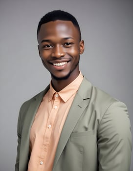 Smiling Nigerian man in trendy outfit, exuding confidence while posed against a plain backdrop photo