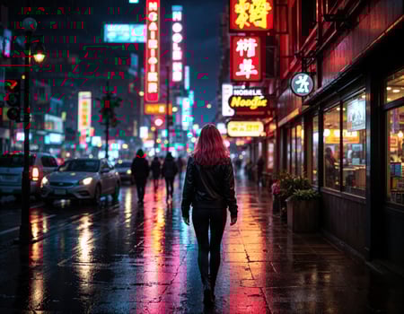 Unidentified Chinese woman walking on the street at night in Hong Kong. Rainy Night in the City photo