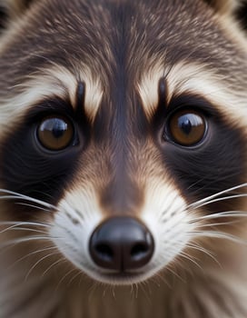 Extreme close up of a young male raccoons face with bright eyes and a dark nose His fur has a mixture of grey and white, with each strand clearly visible against a softly blurred background photo