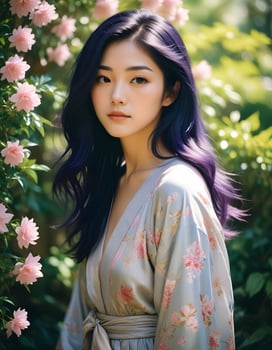 Joyful Japanese girl with long hair and a glowing smile, captured in a sunlit garden photo