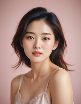 Elegant Korean girl with flawless skin and refined beauty on plain background photo