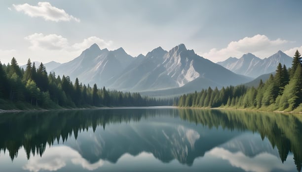 A lake surrounded by trees and mountains photo