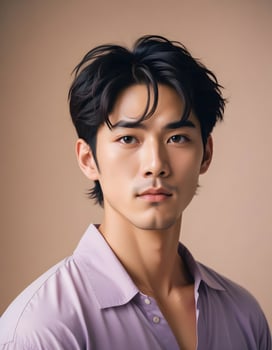 Confident Japanese male model in a formal outfit, posed against a plain background photo
