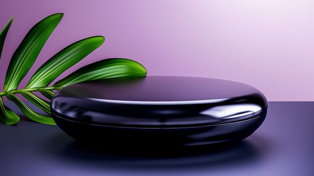 Black cosmetic container with palm leaf on purple background photo