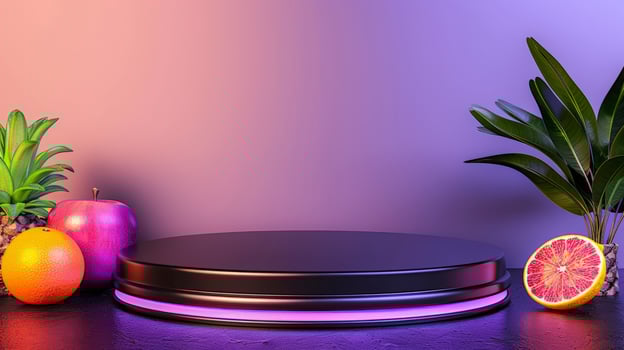 A black round table with fruit and plants photo