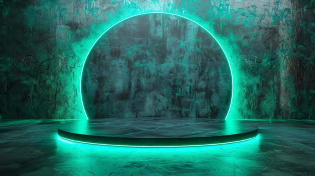 A green glowing circle in a dark room photo
