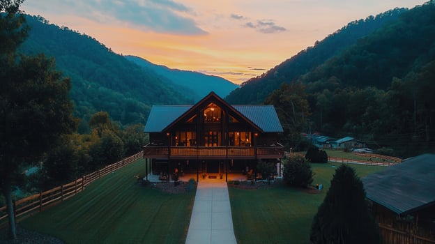 Luxurious Mountain Cabin at Sunset Stunning View Breathtaking Scenery Secluded Getaway Dream Vacation Home photo