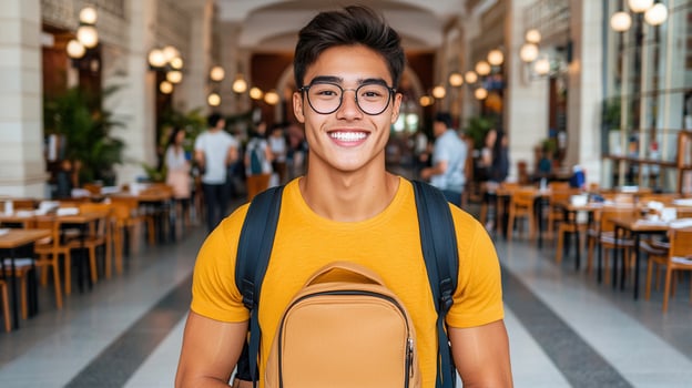 Happy Asian Male Student Smiling Wearing Glasses Backpack Cafe Background photo