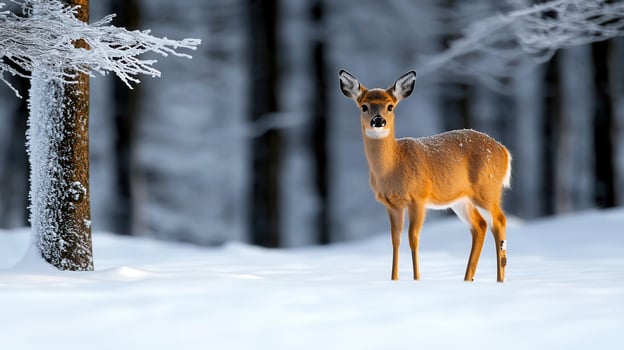 Young White tailed Deer in Snowy Winter Forest Winter Wonderland Wildlife Scene photo