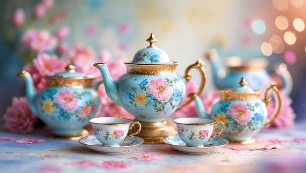 Delicate vintage tea set with floral designs displayed among cherry blossoms during springtime photo
