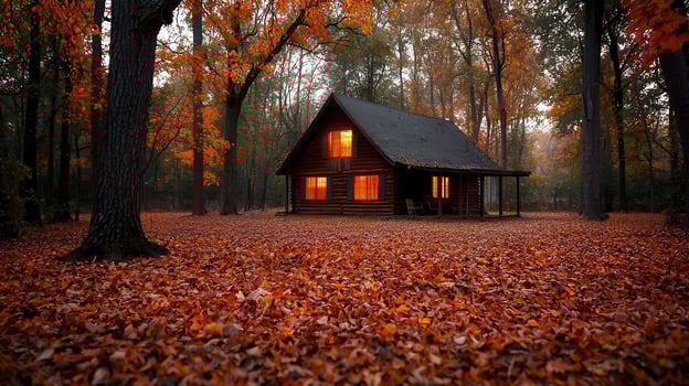 Cozy Autumn Cabin in Woods Illuminated at Night Fallen Leaves Surround it photo