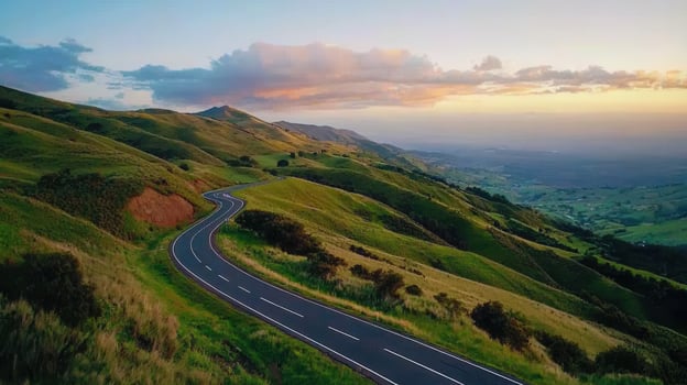 Scenic Winding Road Through Rolling Green Hills at Sunset A Breathtaking Landscape photo
