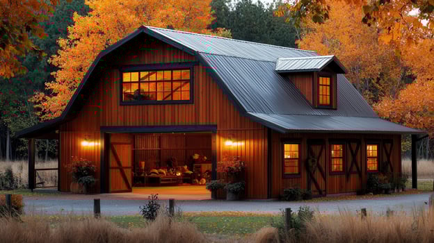 Charming Rustic Wooden Barn House in Autumn Setting Illuminated Windows at Dusk Perfect Fall Retreat photo
