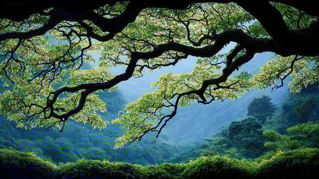 Serene Landscape Lush Green Foliage of a Majestic Tree Overlooking a Tranquil Valley photo