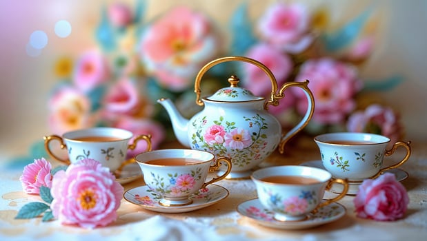 Elegant tea set with floral design surrounded by pink roses at a spring gathering photo