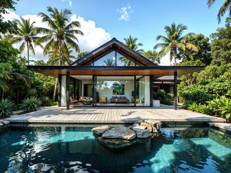 A modern home with a pool and palm trees photo