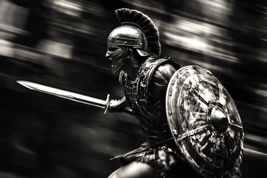 Roman soldier running with sword and shield in black and white photo