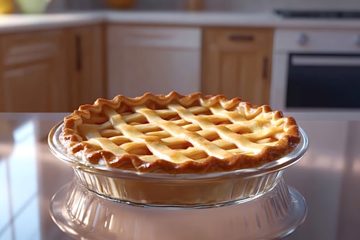 Delicious golden apple pie cooling on glass plate in kitchen photo