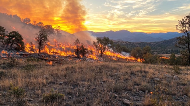 A fire burns in the mountains at sunset photo
