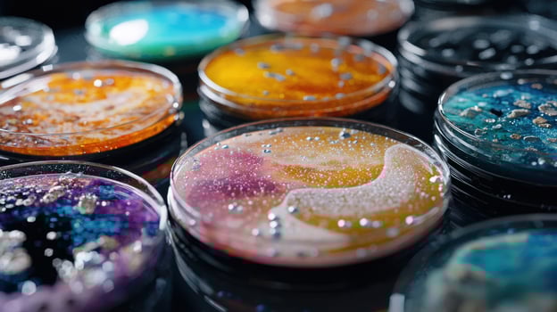 A close up of a variety of colorful liquid in petri dishes photo