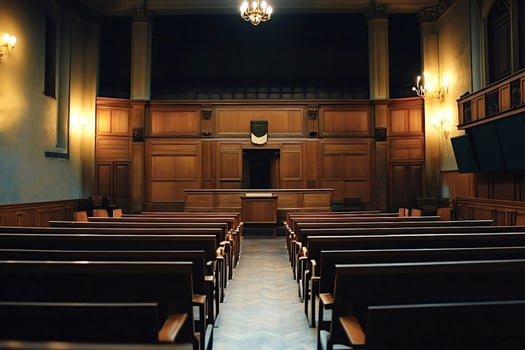 Empty courtroom with wooden benches and a lectern awaiting proceedings photo
