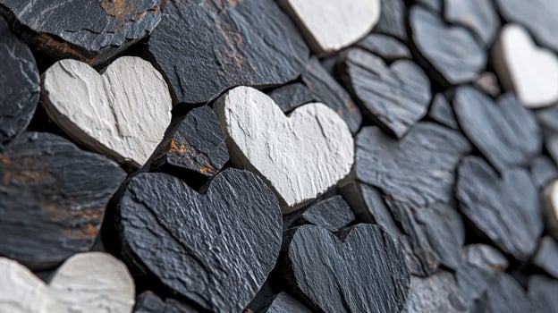 A wall with many hearts made from black and white slate photo