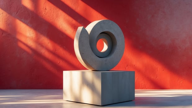 A sculpture of a circle on a pedestal in front of a red wall photo