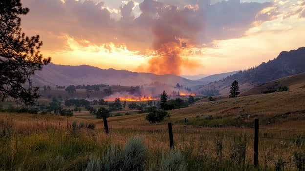 A fire burns in the mountains at sunset photo