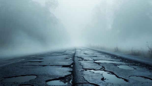 Damaged asphalt road with potholes and fog in the background photo