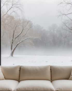 Cozy winter scene with a sofa and snowy view photo