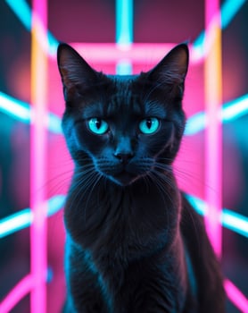 Black cat with neon lights in background photo