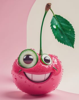A smiling fruit with eyes and a leaf photo