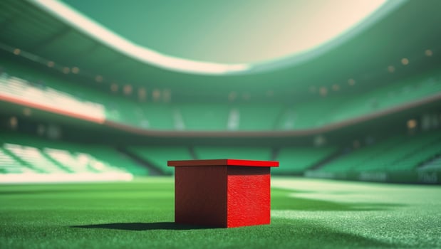A red box sitting on the grass in front of a stadium photo