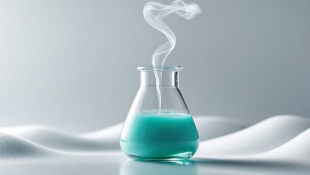 Glass beaker filled with chemical substance releasing vapor photo