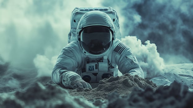 This astronaut trains in a lunar-like setting for future space tourism flights. photo