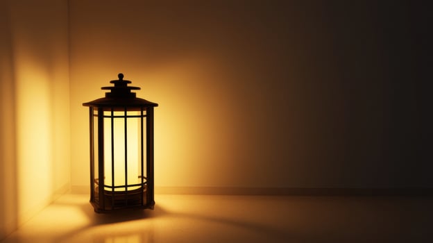 A lamp is lit in a dark room photo