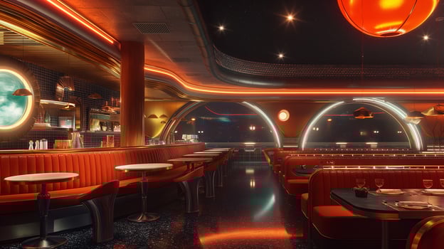 This Enjoy a lively dining experience in a futuristic space hotel with beautiful cosmic views. photo