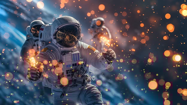 This Astronauts engage in thrilling activities during suborbital space tourism, showcasing zero gravity. photo