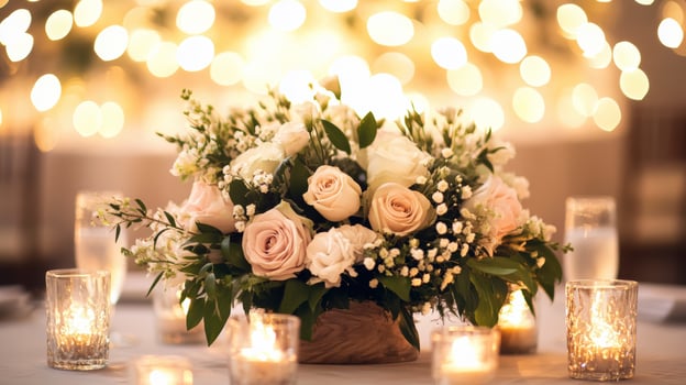 Elegant floral centerpiece with soft candlelight at romantic evening event photo